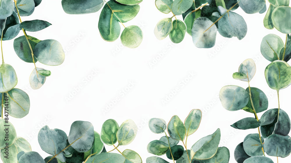 Soft eucalyptus leaf watercolor frame with blank white area for text, isolated on a white background Soft eucalyptus leaf watercolor frame with blank white area for text, isolated on a white background