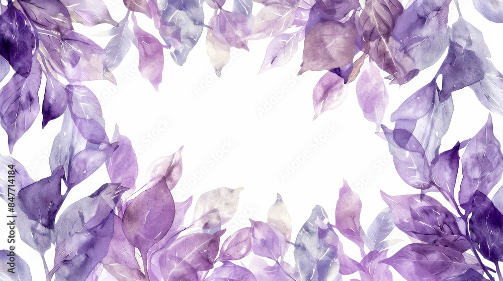 Soft lavender leaf watercolor frame with central white space for text, isolated on a white background 