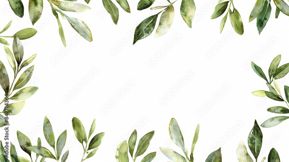 Naklejka premium Sophisticated olive leaf watercolor frame with blank white space for text, isolated on a white background 