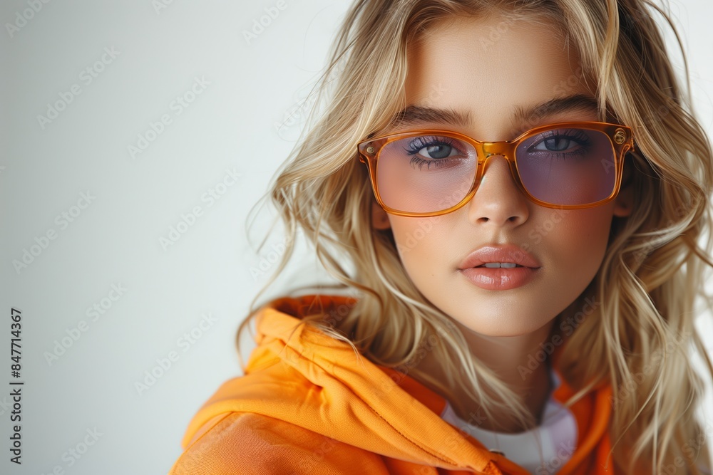 Trendy Blonde Girl in Orange Hoodie: Studio Fashion Portrait on White Background Trendy Blonde Girl in Orange Hoodie: Studio Fashion Portrait on White Background