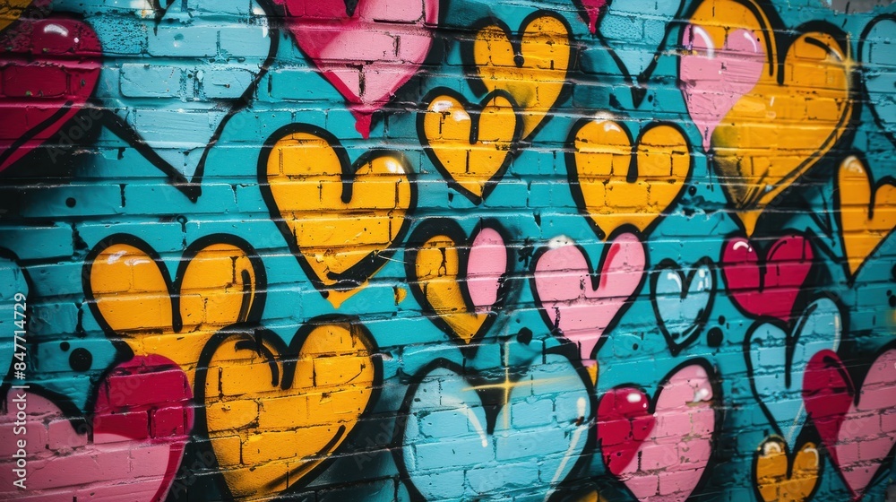 A vibrant graffiti mural of colorful hearts painted on a brick wall, creating a lively and artistic urban scene.