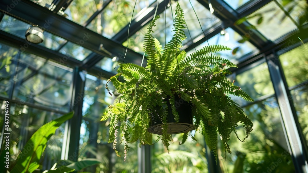 Elkhorn fern hanging in a pot above a glass roof, natural light illuminating the space, creating a calming glasshouse environment Elkhorn fern hanging in a pot above a glass roof, natural light illuminating the space, creating a calming glasshouse environment