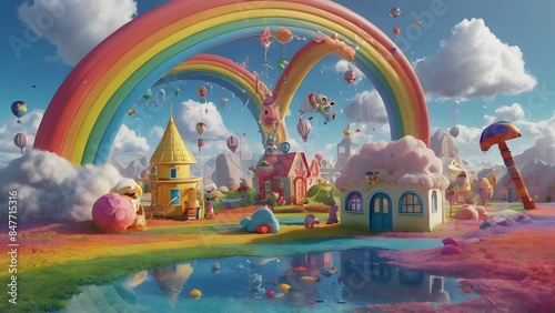 A surreal scene featuring a carnival surrounded by a variety of pastel-colored toys