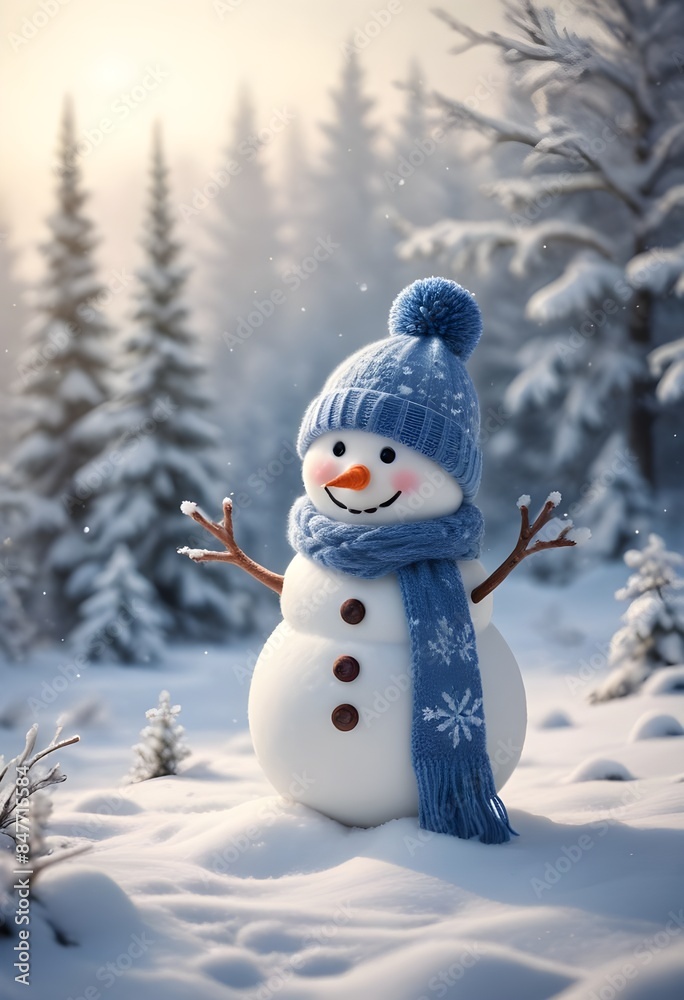 Obraz premium A cheerful snowman wearing a knitted hat and scarf