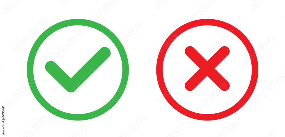 Green check mark and red cross mark icon. Vector illustration Green check mark and red cross mark icon. Vector illustration