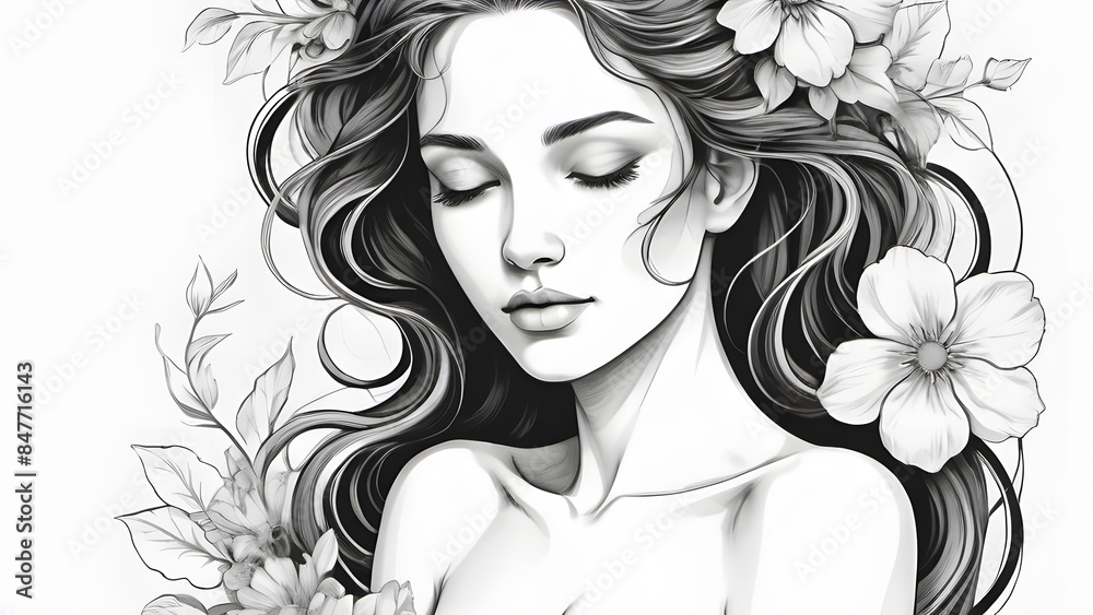 A delicate and elegant line art illustration of a woman intertwined with flowers A delicate and elegant line art illustration of a woman intertwined with flowers