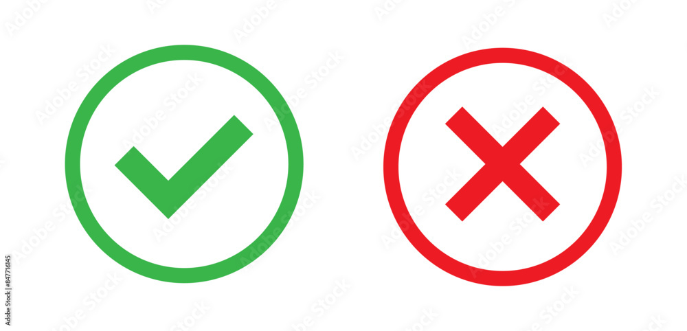 Green check mark and red cross mark icon. Vector illustration Green check mark and red cross mark icon. Vector illustration