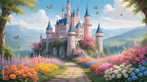 A breathtaking scene featuring a majestic castle towering over a vibrant garden of pastel flowers