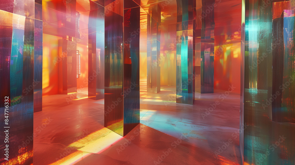 modern space with vibrant reflections and floating mirrors modern space with vibrant reflections and floating mirrors