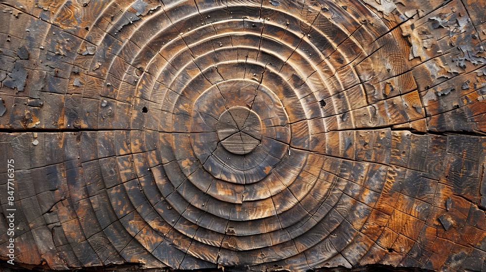Fototapeta premium Weathered wood texture, prominent annual rings, concentric circles, rustic look, aged surface