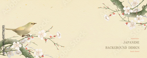 梅, 梅の花, 水彩, 花, 年賀状, 鶯, 背景, フレーム, お正月, ベクター, 手描き, 植物, 和, 和風, 日本画, イラスト