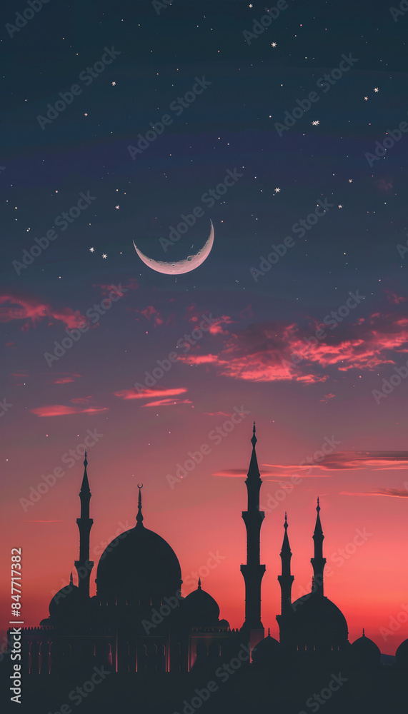 Silhouette of a religious islamic muslim mosque with a crescent moon Silhouette of a religious islamic muslim mosque with a crescent moon