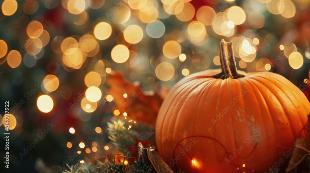 Close up of Pumpkin with Autumn Bokeh Lights Background for Thanksgiving or Halloween Concept Close up of Pumpkin with Autumn Bokeh Lights Background for Thanksgiving or Halloween Concept