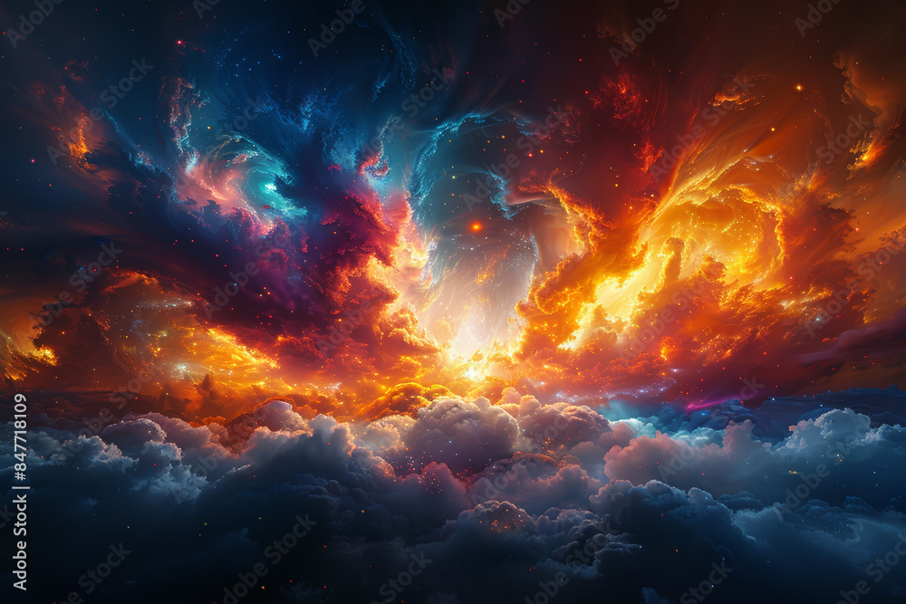 An explosion of colors blending into a single focal point. Concept of convergence and focus. Generative Ai. An explosion of colors blending into a single focal point. Concept of convergence and focus. Generative Ai.
