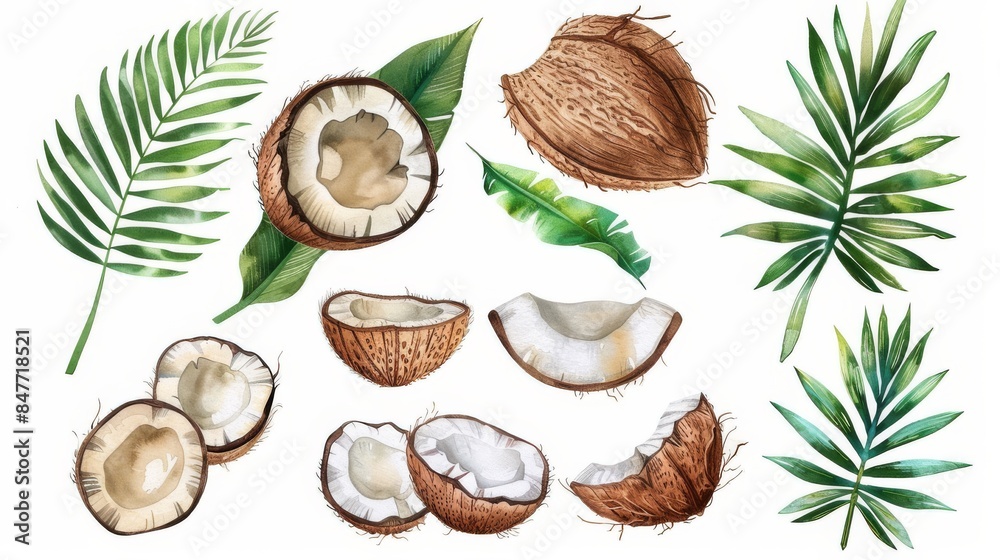 set of watercolor illustrations, coconut, different pieces of coconut and tropical leaves on a white background