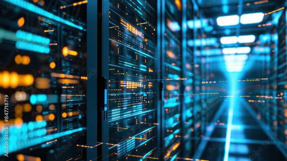 Abstract image of a server room. Rows of server racks with bright lights. Abstract image of a server room. Rows of server racks with bright lights.