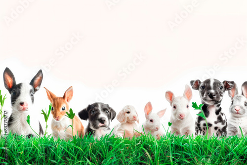 Group of animals and rabbits in green grass on a white background