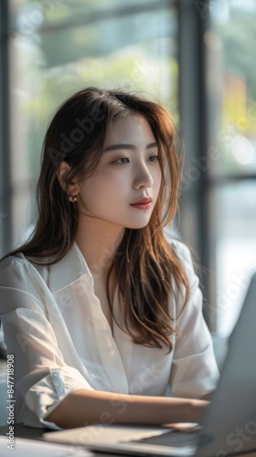 Free Download A young woman sits at a table in a cafe, using a laptop - GFXLoad