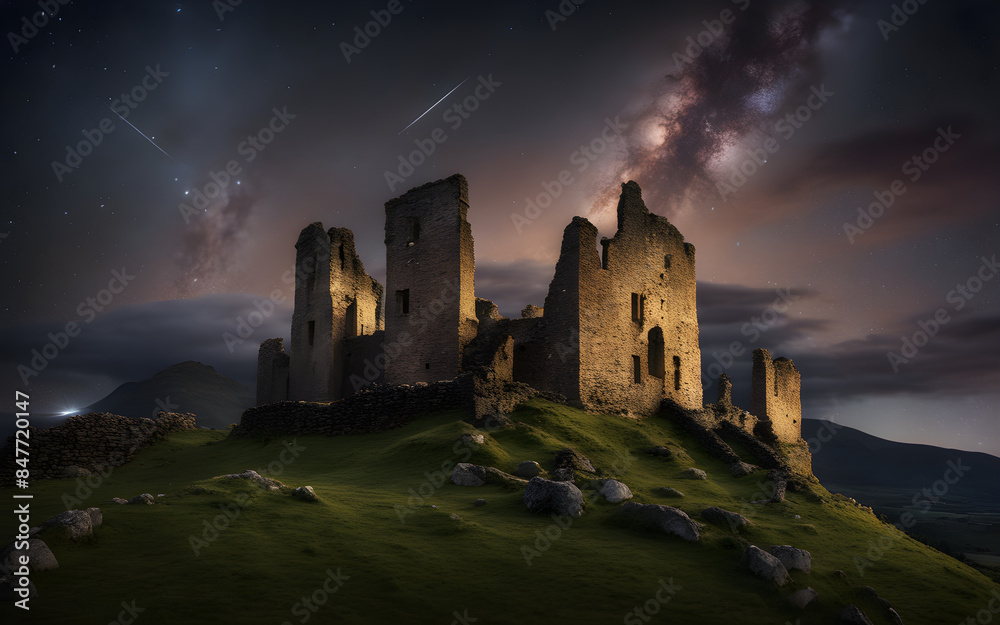 Night sky over the ruins of an ancient castle in Scotland