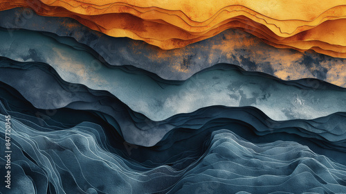 A painting of a mountain range with blue and orange colors