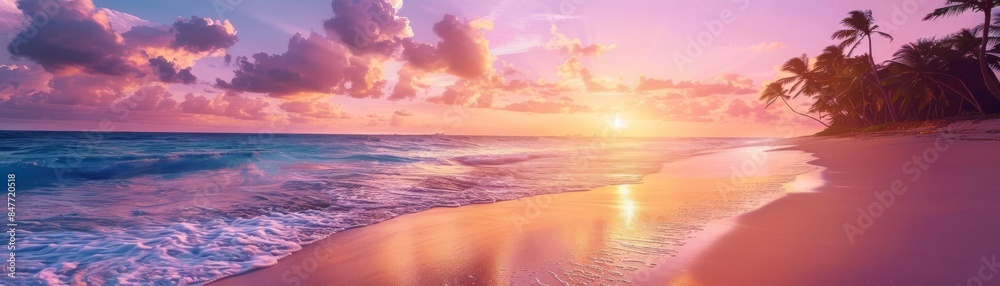 Serene tropical beach at sunset, vibrant pink and purple sky, silhouetted palm trees swaying gently, tranquil waves lapping the shore Serene tropical beach at sunset, vibrant pink and purple sky, silhouetted palm trees swaying gently, tranquil waves lapping the shore
