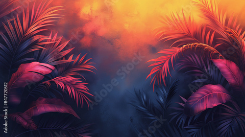 A painting of a tropical forest with red leaves and a blue sky