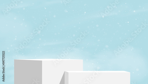 Christmas background.Winter landscape with Snow and Podium stand display on blue sky background,Vector banner of winter scene for Xmas card,Holiday banner on New Year promotion,Sale concept
