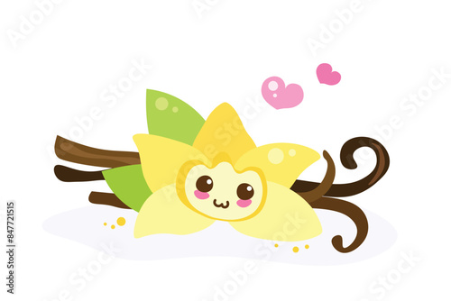 Kawaii Baby face Vanilla flower isolated on white background. Cartoon vector illustration. Happy food for kids menu, t-shirt print, greeting card., ice cream. Adorable smiling vanilla flavor.