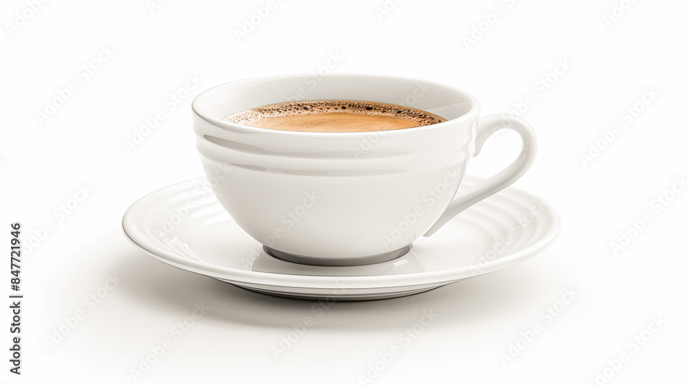 Close-up of a steaming cup of coffee in a white ceramic cup on a matching saucer. Close-up of a steaming cup of coffee in a white ceramic cup on a matching saucer.