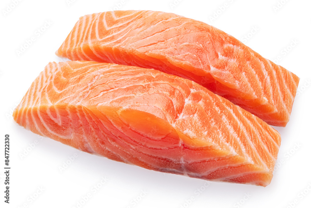 Salmon, fresh salmon fillet slices isolated on white background. File clipping path. Salmon, fresh salmon fillet slices isolated on white background. File clipping path.