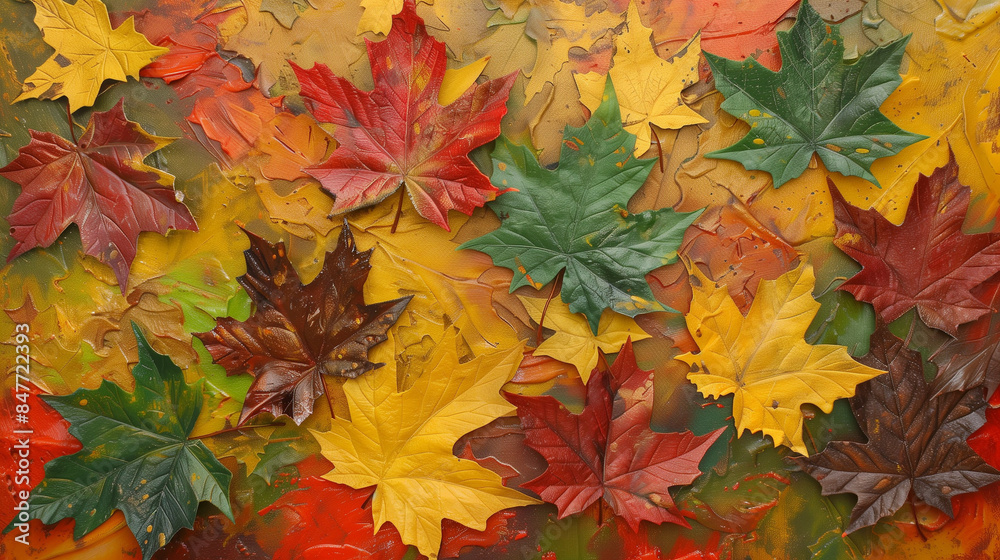 Maple leaves in yellow, red and green colors are an expression of seasonal changes that occur in nature during autumn. Maple leaves in yellow, red and green colors are an expression of seasonal changes that occur in nature during autumn.
