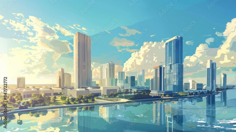 Naklejka premium Aerial view of modern city, panorama of business skyscrapers, seaside, mountains,