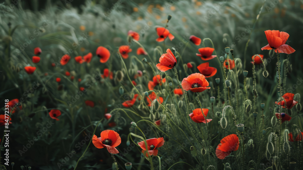 Fototapeta premium Picturesque field of blooming red poppies in natural setting