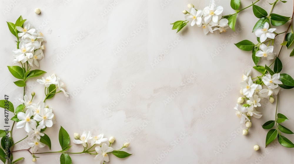 White jasmine flowers with green leaves arranged on a light, textured background creating a natural border with space for text White jasmine flowers with green leaves arranged on a light, textured background creating a natural border with space for text