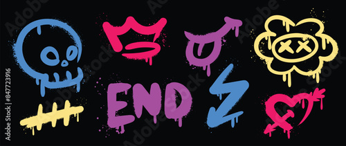 Set of graffiti spray element vector. Collection of colorful symbol, scribble, flower, skull, arrow, crown, stroke, heart. Element on black background for banner, decoration, street art, ads.