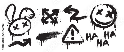 Set of graffiti spray element vector. Collection of colorful symbol, scribble, stroke, arrow, rabbit, smile, warning. Element on black background for banner, decoration, street art, ads.