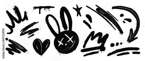 Set of graffiti spray element vector. Collection of colorful symbol, scribble, stroke, arrow, heart, rabbit, star, crown. Element on white background for banner, decoration, street art, ads.