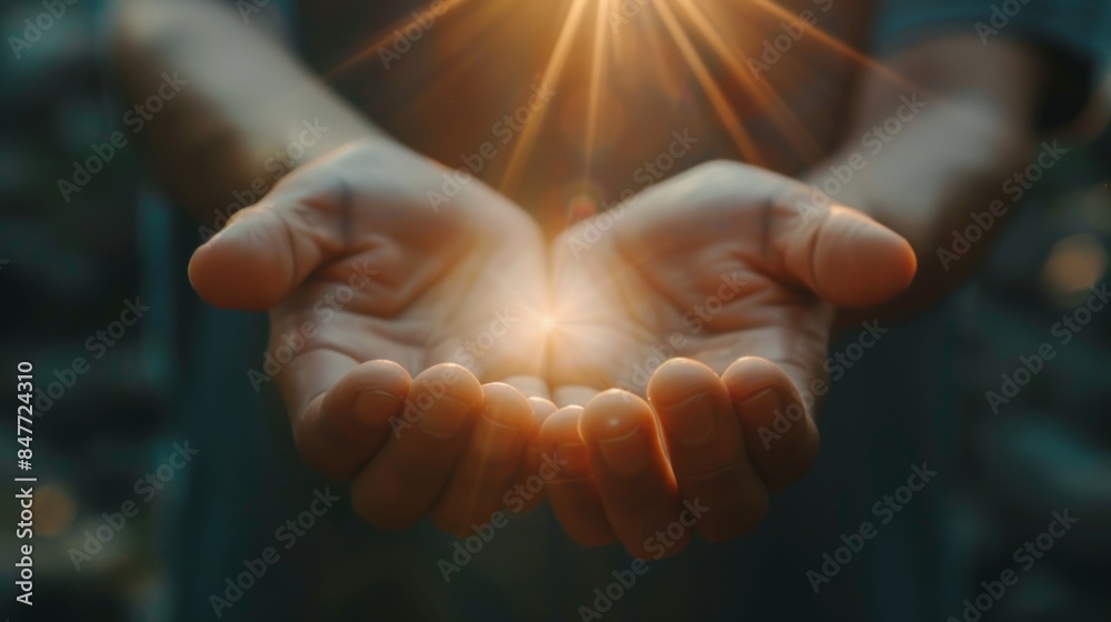 Open hand reaching towards the golden sunlight, symbolizing hope, spirituality, and connection with nature in a warm, glowing atmosphere. Open hand reaching towards the golden sunlight, symbolizing hope, spirituality, and connection with nature in a warm, glowing atmosphere.