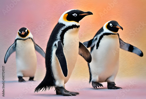 Close-up of a group of penguins standing on a pastel background.
