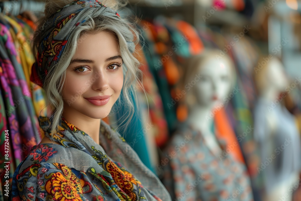 Fototapeta premium Young Fashion Designer Stylishly Works with Textile Samples at Studio