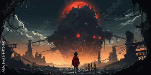 the boy walking to the broken giant robot which is being repaired in old factory, digital art style, illustration painting