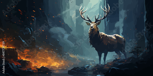 the deer with its fire horns standing on rocks in winter landscape, digital art style, illustration painting