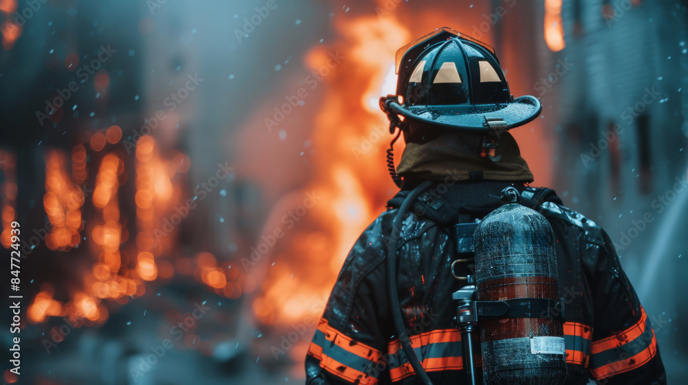 Firefighter in full gear battles a blazing fire at night, bravery and dedication. Intense flames and smoke fill the background Firefighter in full gear battles a blazing fire at night, bravery and dedication. Intense flames and smoke fill the background
