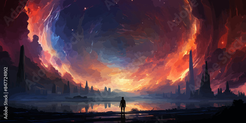 The man looking at a strange rainbow light rise in front of him., digital art style, illustration painting