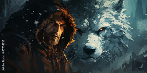 The man in the hood with spear faceing the giant winter wolf, digital art style, illustration painting