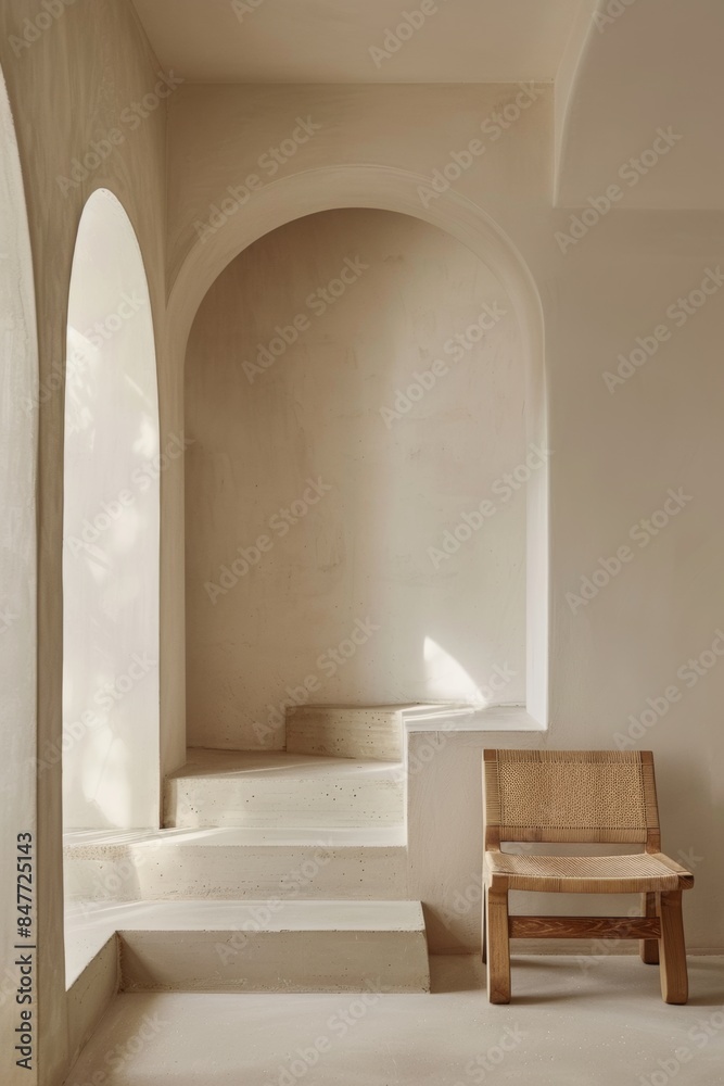 Minimalist interior space featuring arched doorways light shadows and wooden chair against a soft beige background