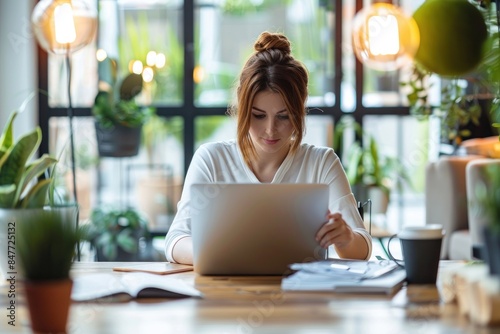 A dedicated professional at their workstation, typing on a laptop and referencing documents. The bright office environment promotes focus and creativity with its clean design. photo