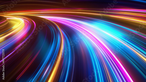 A dynamic display of colorful light trails curving through darkness, capturing the essence of speed, energy, and modernity.