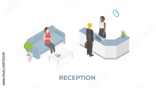 Reception isometric illustration. Waiting area in an office, clinic, bank or institution with receptionist.