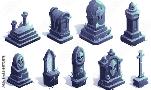 tombstone grave set isometric vector flat isolated illustration